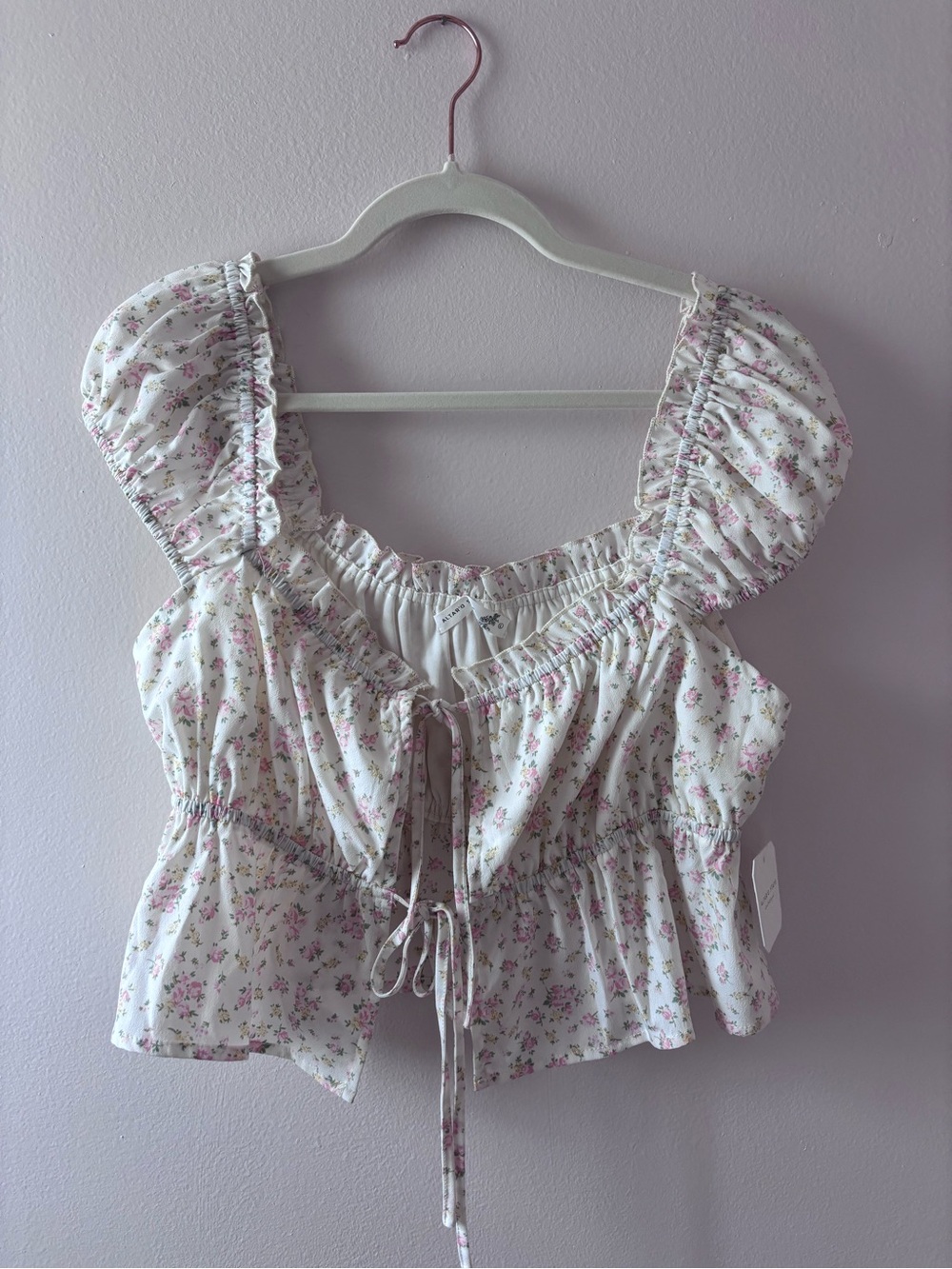 Altar'd State White Tie Front Top with cute Floral Print